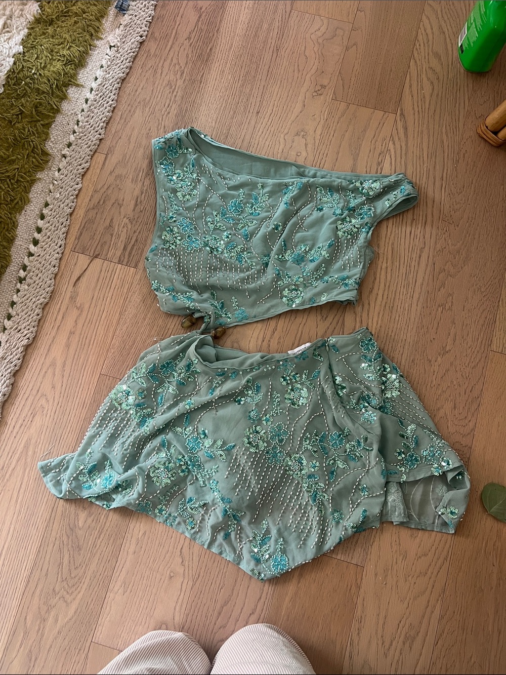 Embellished Mint Green off shoulder dress